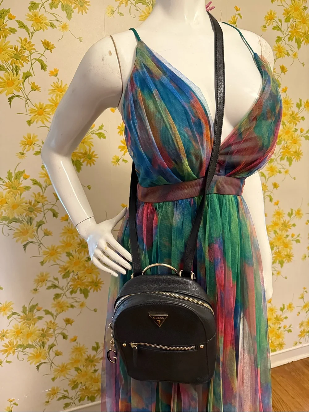 Guess 2 in 1 Black Mini Backpack with Silver Hardware